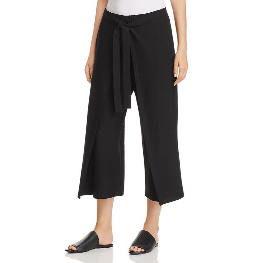 Eileen Fisher Tie-Front Overlay Wide Leg Crop Pants, Black